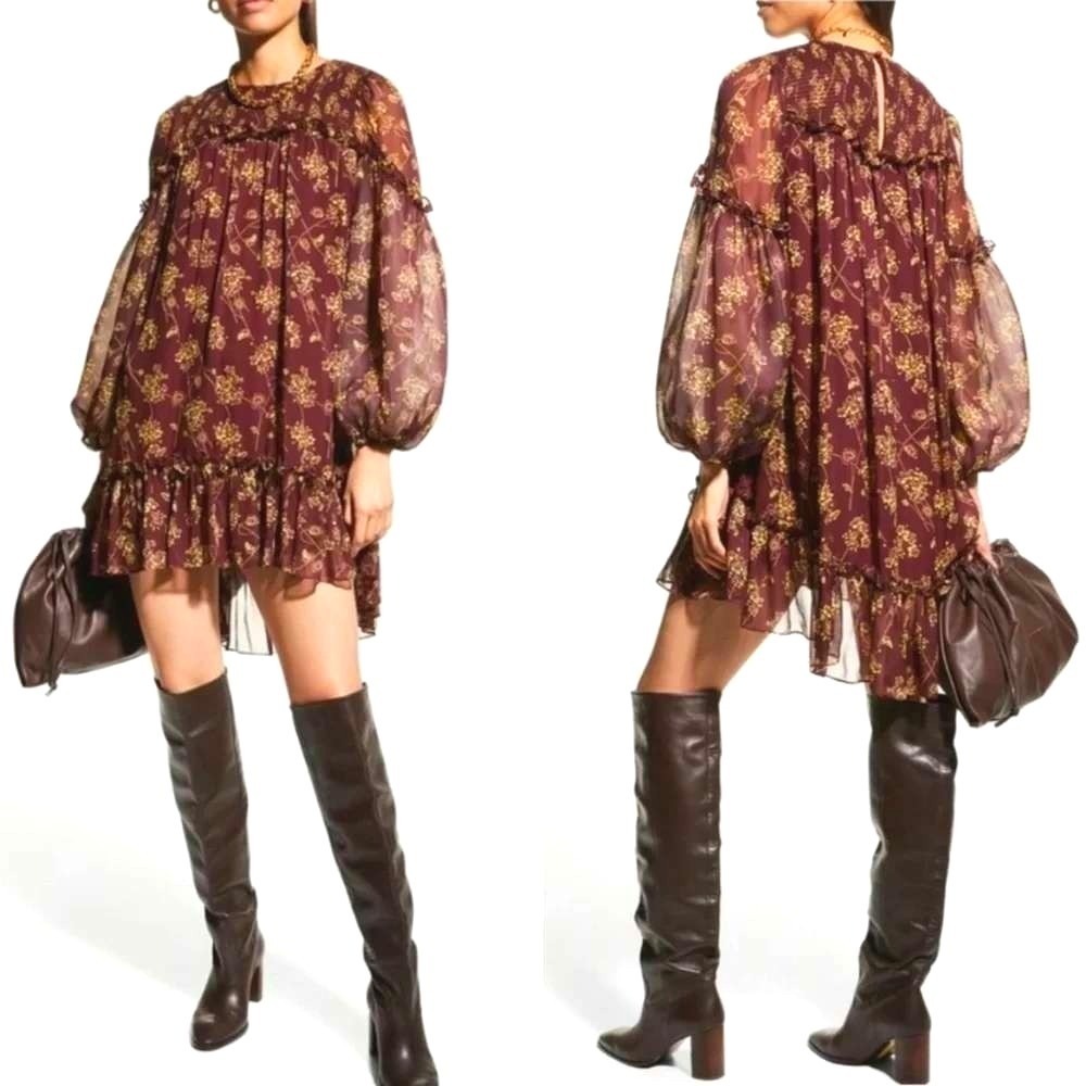 Cinq a Sept Zola Smocked Floral Babydoll Mini Dress 2 Balloon‎ Sleeve Romantic